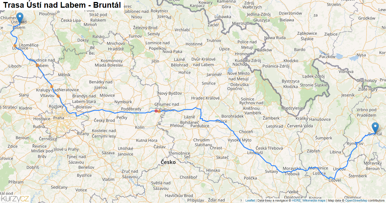 Ústí nad Labem-Bruntál, mapa trasy
