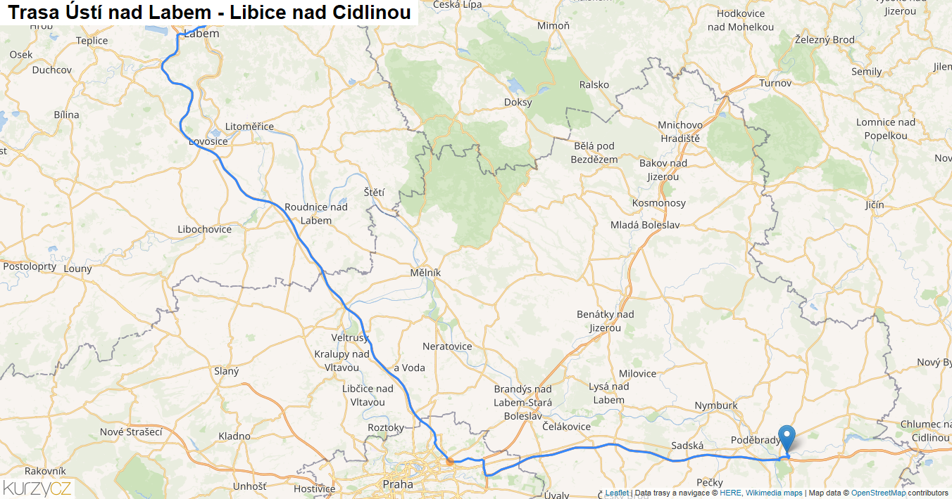 Ústí nad Labem-Libice nad Cidlinou, mapa trasy