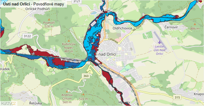 Ústí nad Orlicí - záplavové mapy stoleté vody