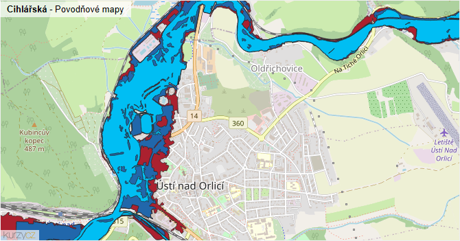 Cihlářská - záplavové mapy stoleté vody