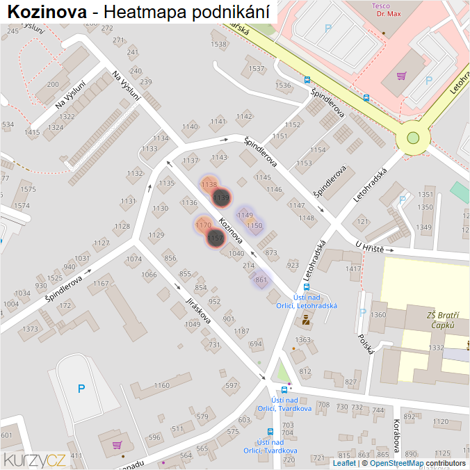 Mapa Kozinova - Firmy v ulici.