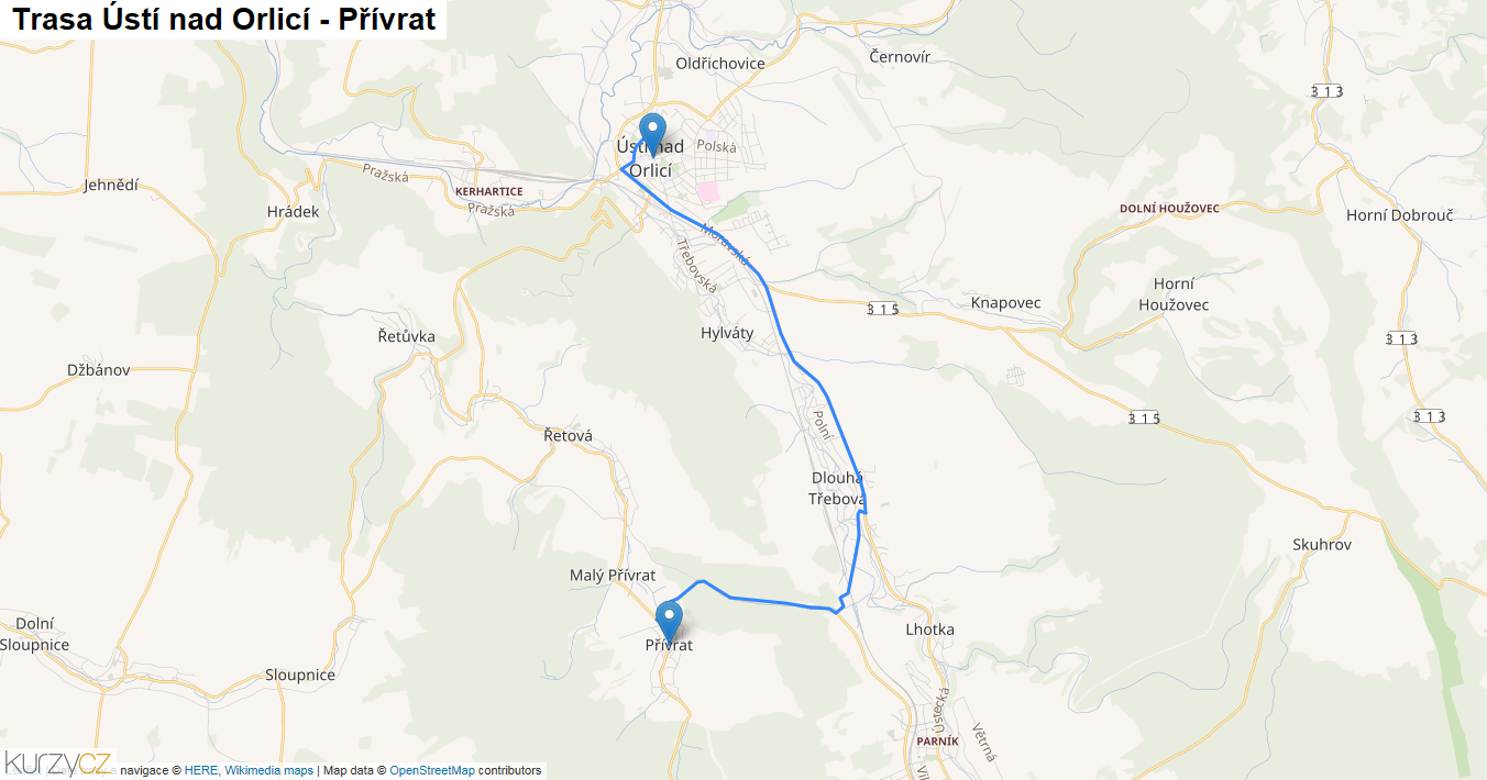 Ústí nad Orlicí-Přívrat, mapa trasy