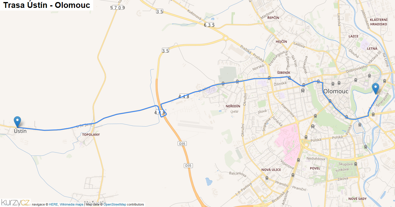 Ústín-Olomouc, mapa trasy