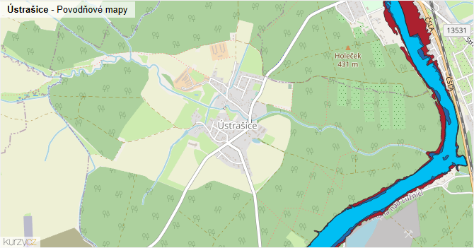 Ústrašice - záplavové mapy stoleté vody