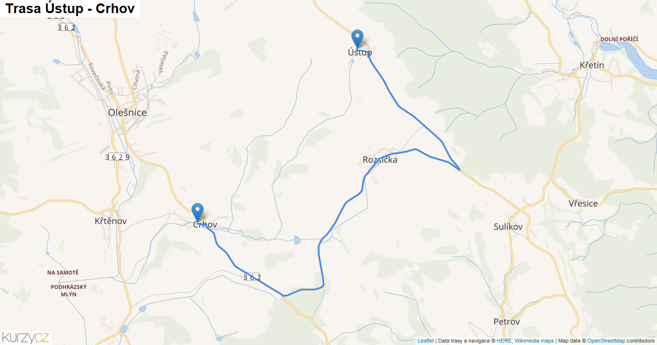 Ústup-Crhov, mapa trasy