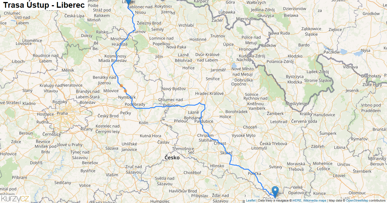 Ústup-Liberec, mapa trasy