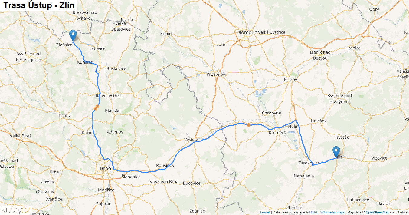 Ústup-Zlín, mapa trasy