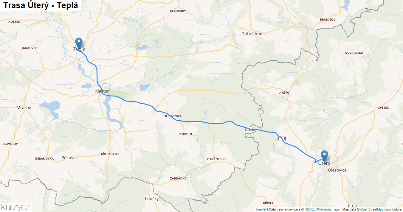 Úterý-Teplá, mapa trasy