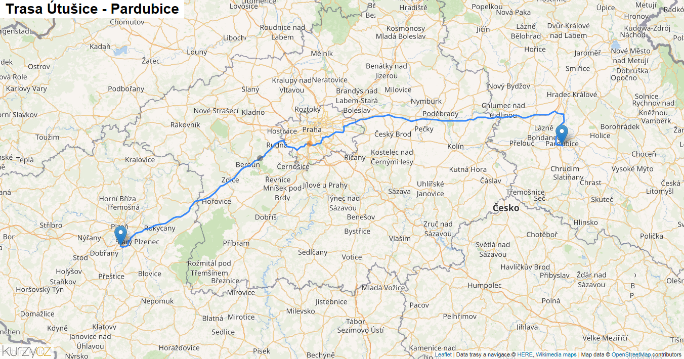 Útušice-Pardubice, mapa trasy