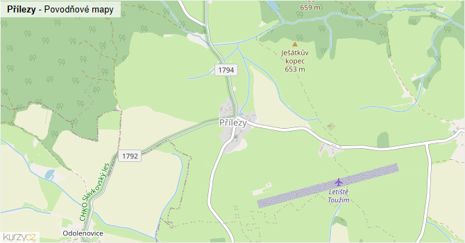 Přílezy - záplavové mapy stoleté vody