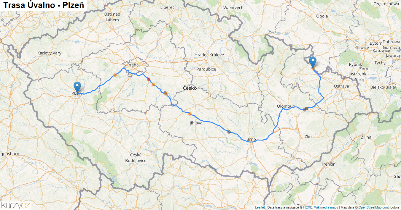 Úvalno-Plzeň, mapa trasy