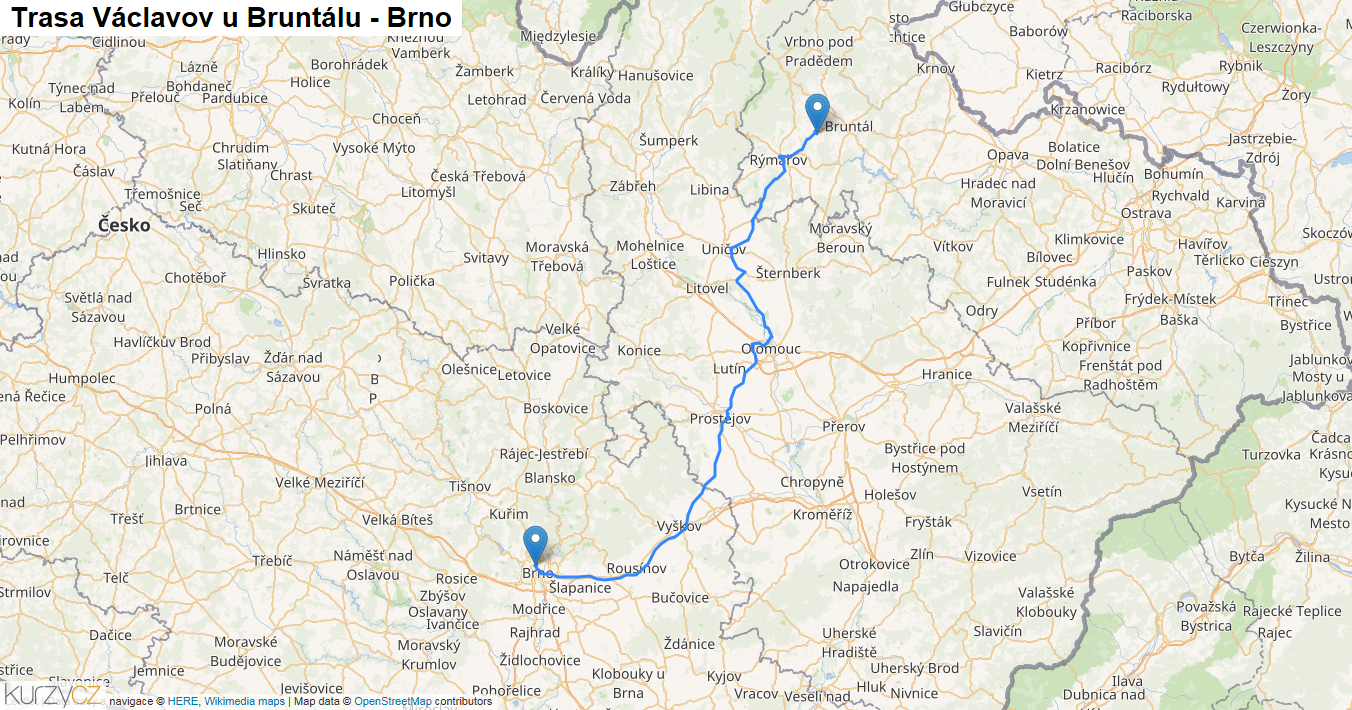 Václavov u Bruntálu-Brno, mapa trasy