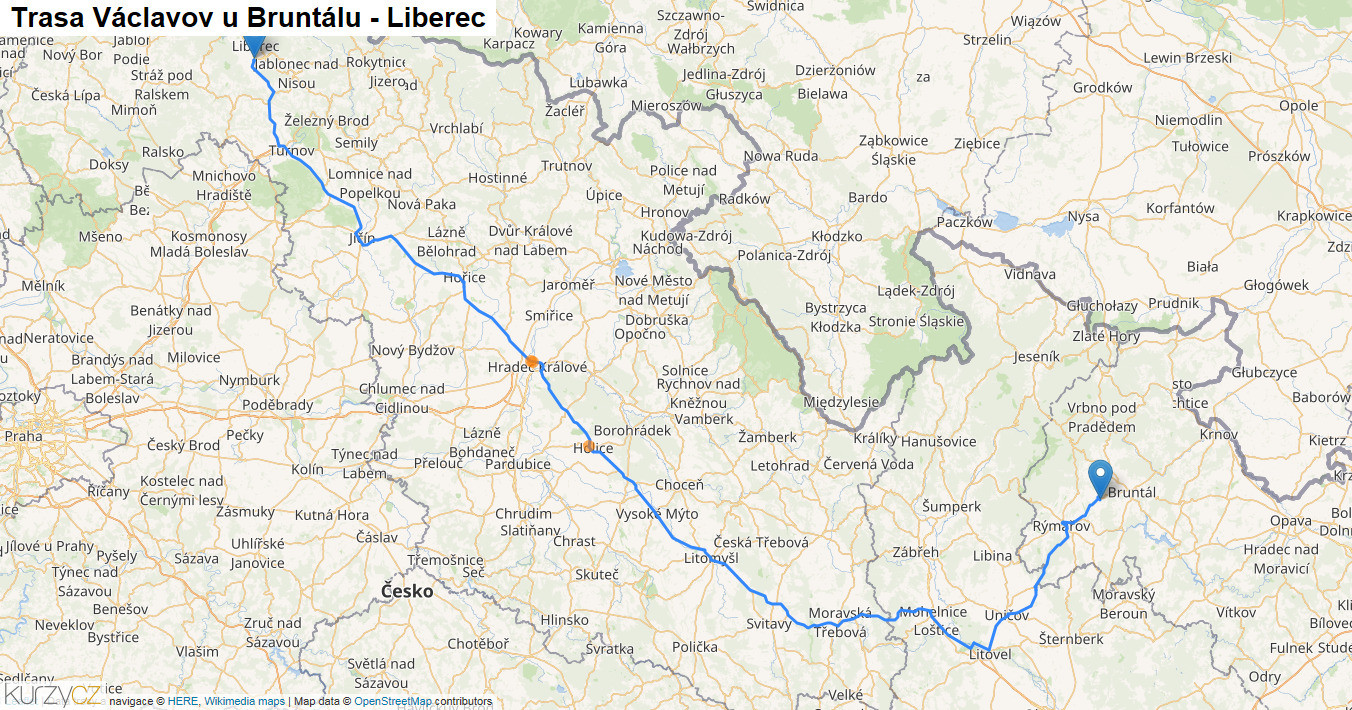 Václavov u Bruntálu-Liberec, mapa trasy