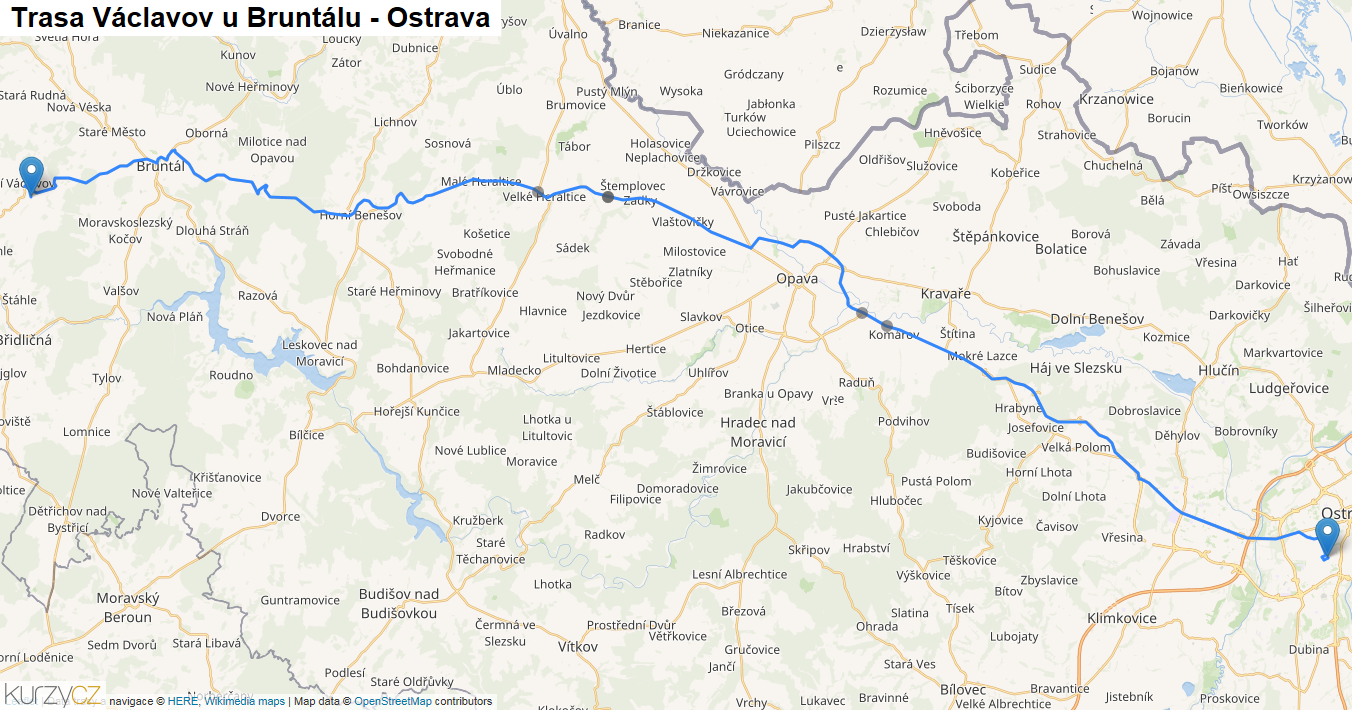 Václavov u Bruntálu-Ostrava, mapa trasy