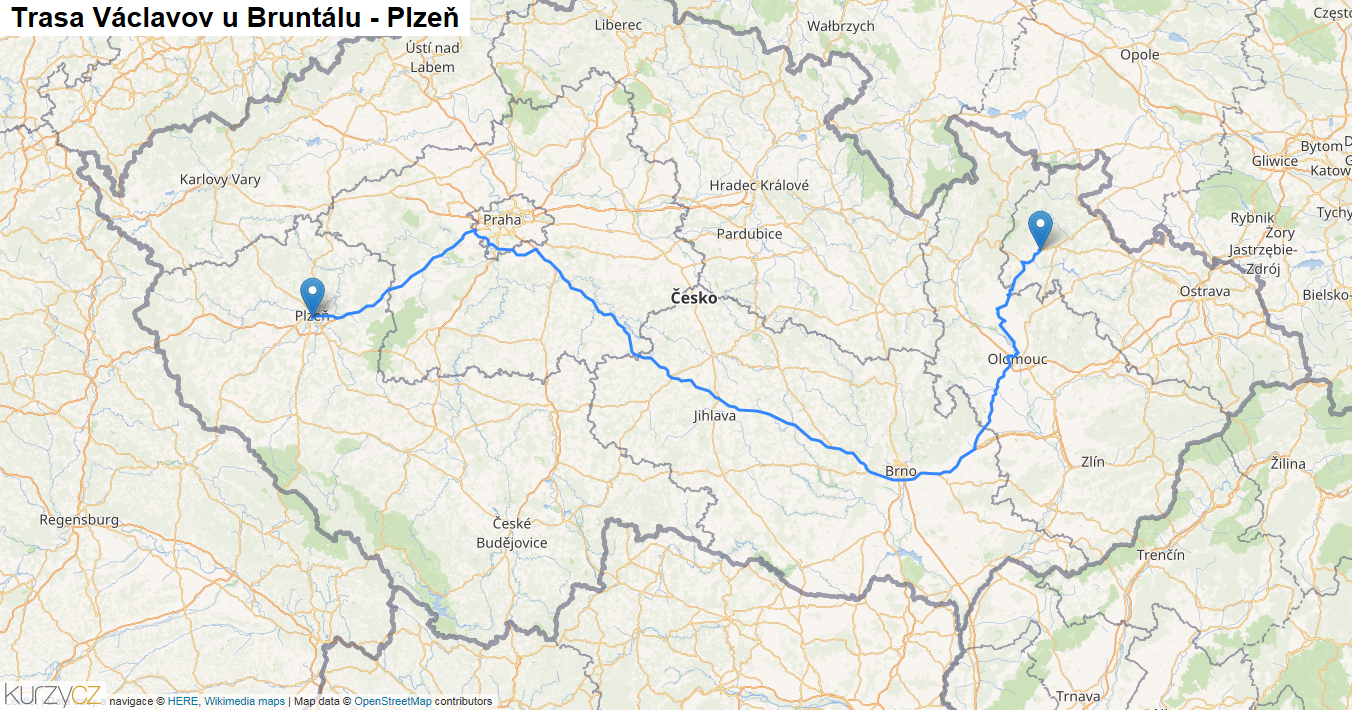 Václavov u Bruntálu-Plzeň, mapa trasy
