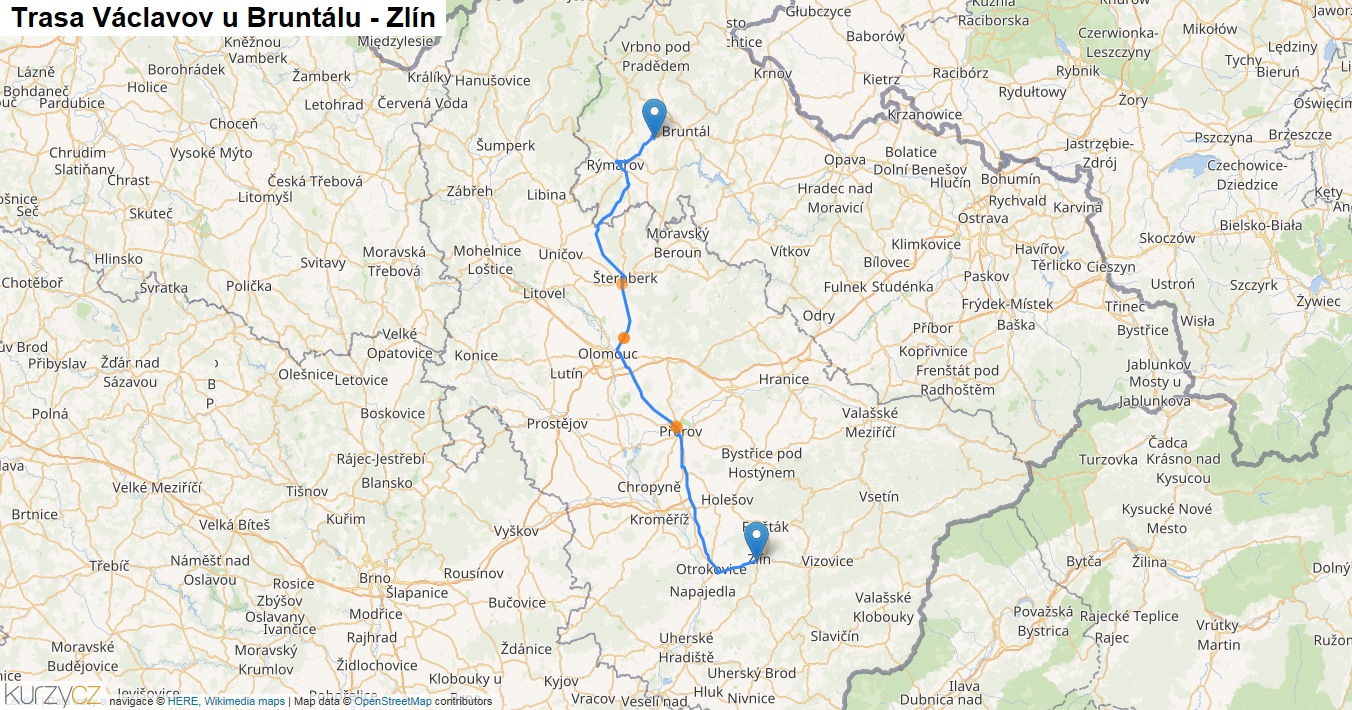 Václavov u Bruntálu-Zlín, mapa trasy