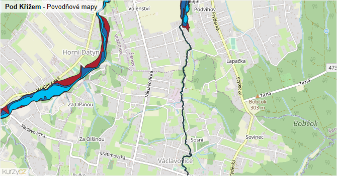 Pod Křížem - záplavové mapy stoleté vody