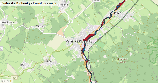 Valašské Klobouky - záplavové mapy stoleté vody