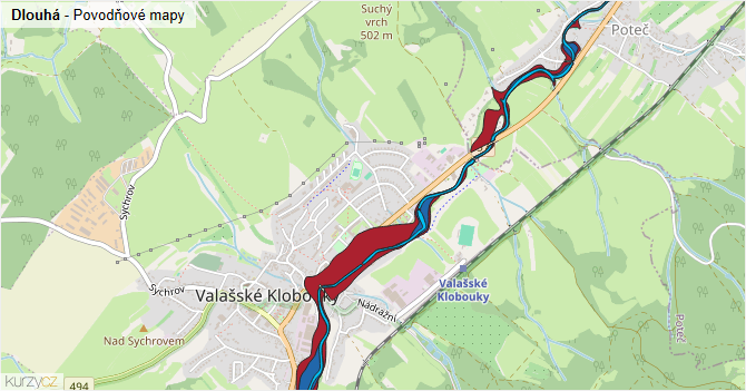 Dlouhá - záplavové mapy stoleté vody