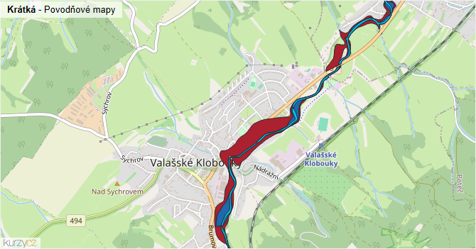 Krátká - záplavové mapy stoleté vody