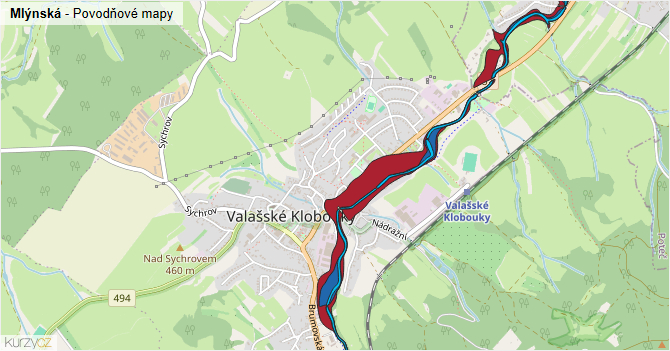 Mlýnská - záplavové mapy stoleté vody