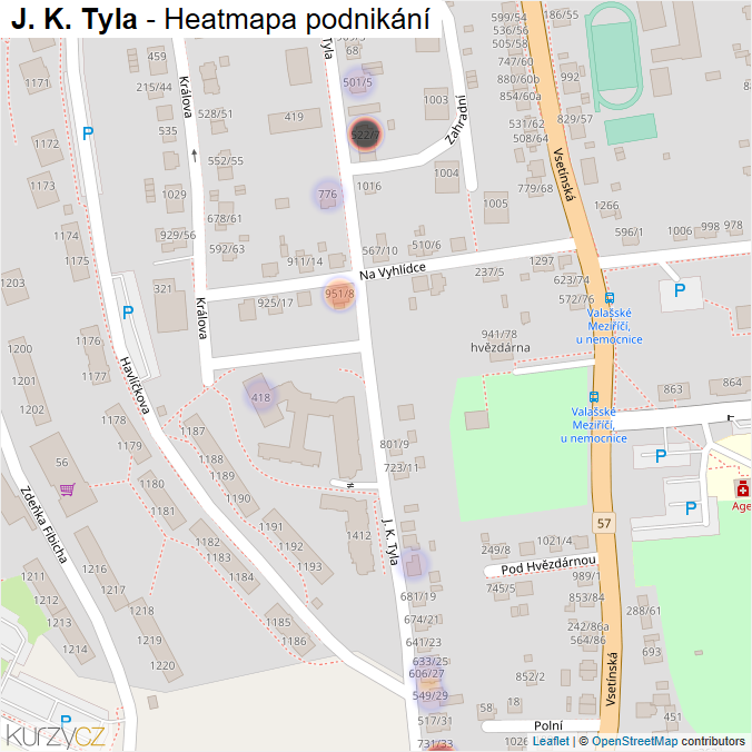 Mapa J. K. Tyla - Firmy v ulici.