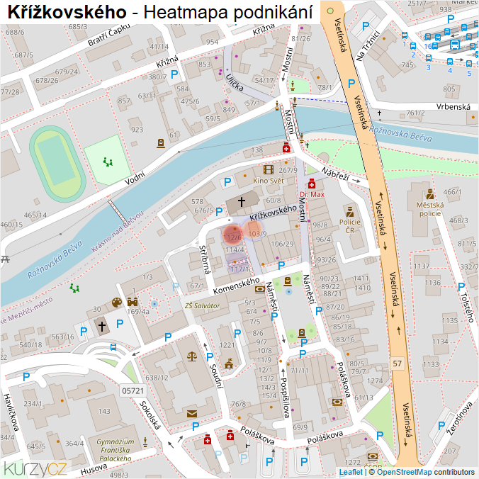 Mapa Křížkovského - Firmy v ulici.