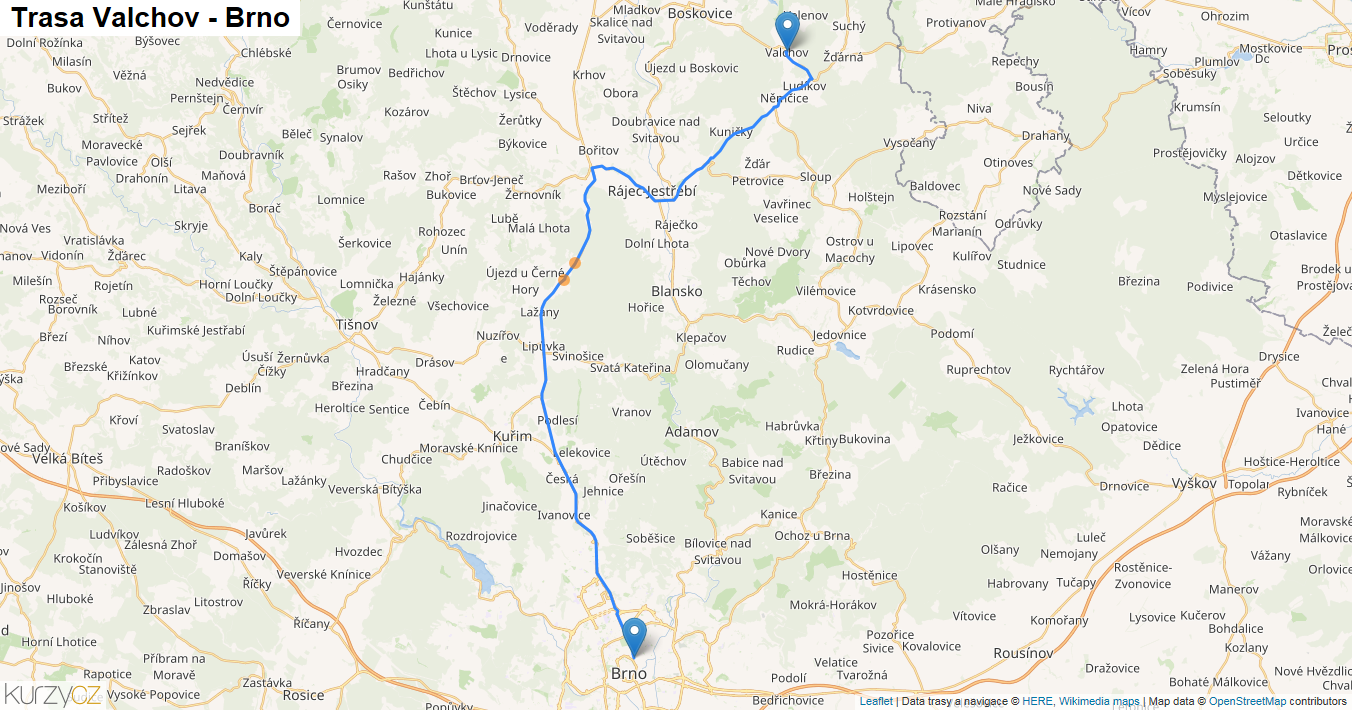 Valchov-Brno, mapa trasy