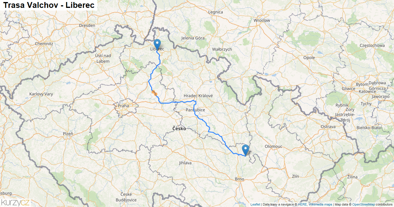 Valchov-Liberec, mapa trasy