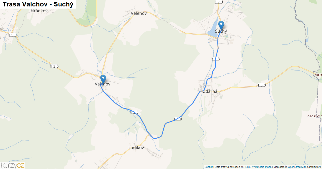 Valchov-Suchý, mapa trasy