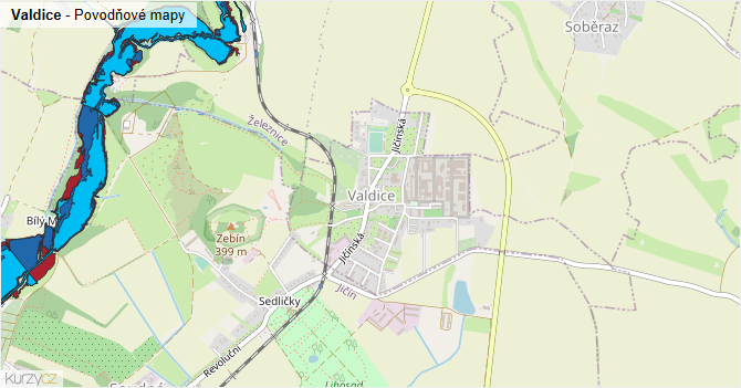 Valdice - záplavové mapy stoleté vody