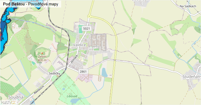 Pod Baštou - záplavové mapy stoleté vody