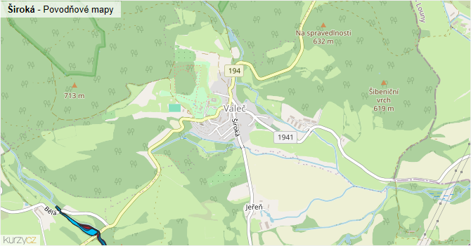 Široká - záplavové mapy stoleté vody