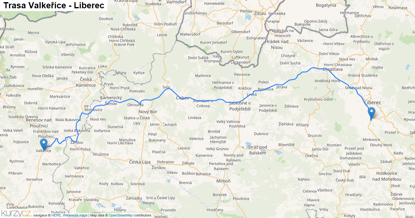 Valkeřice-Liberec, mapa trasy