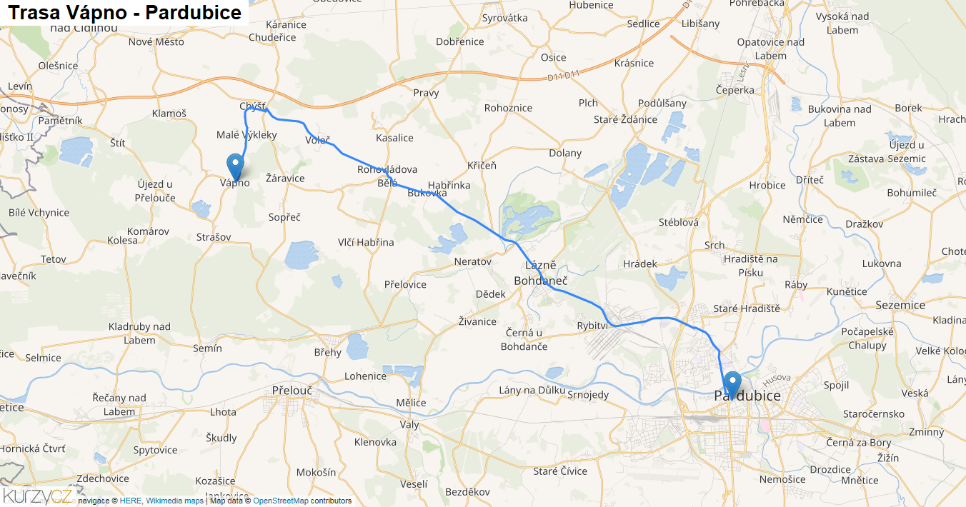 Vápno-Pardubice, mapa trasy