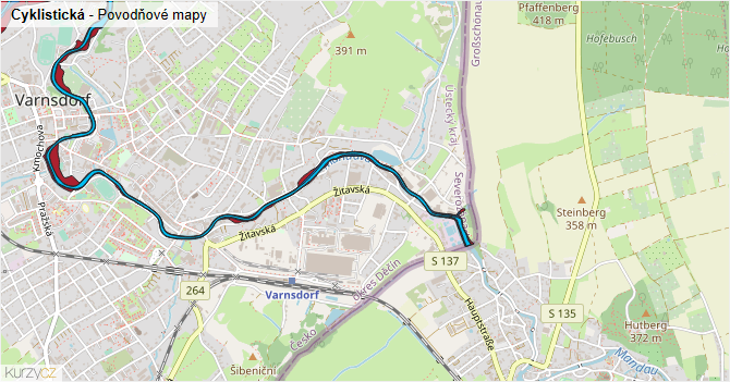Cyklistická - záplavové mapy stoleté vody