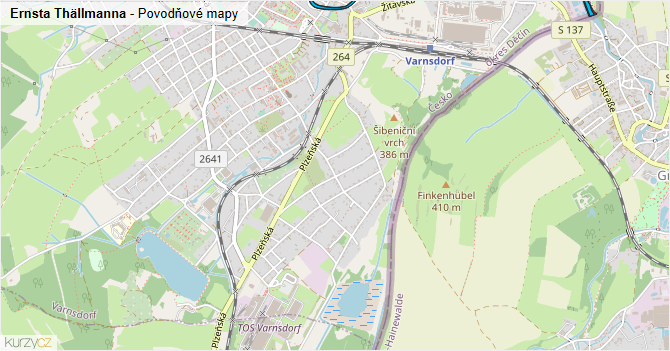 Ernsta Thällmanna - záplavové mapy stoleté vody