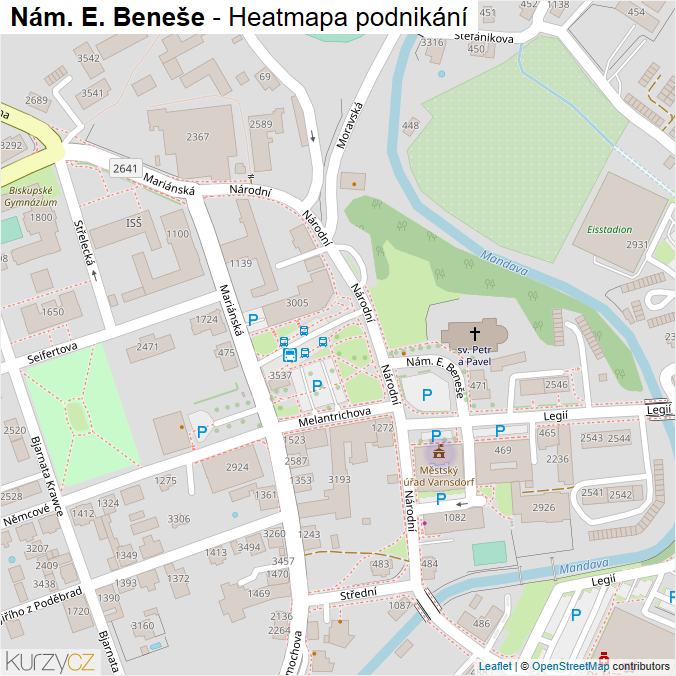 Mapa Nám. E. Beneše - Firmy v ulici.