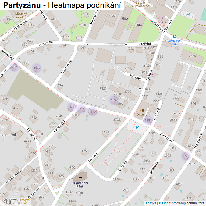 Mapa Partyzánů - Firmy v ulici.