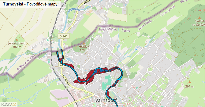 Turnovská - záplavové mapy stoleté vody
