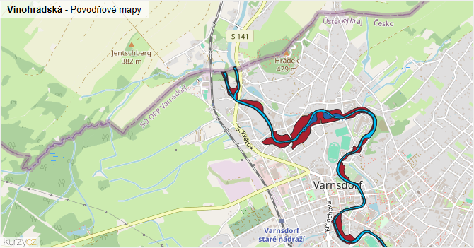 Vinohradská - záplavové mapy stoleté vody