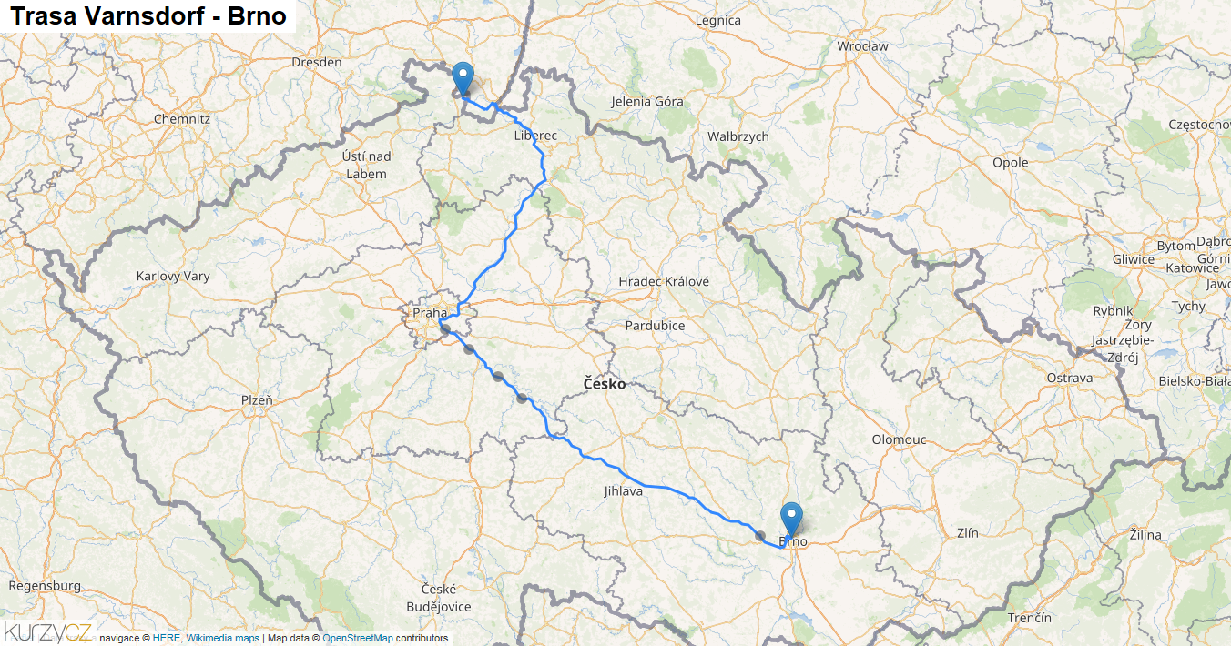 Varnsdorf-Brno, mapa trasy