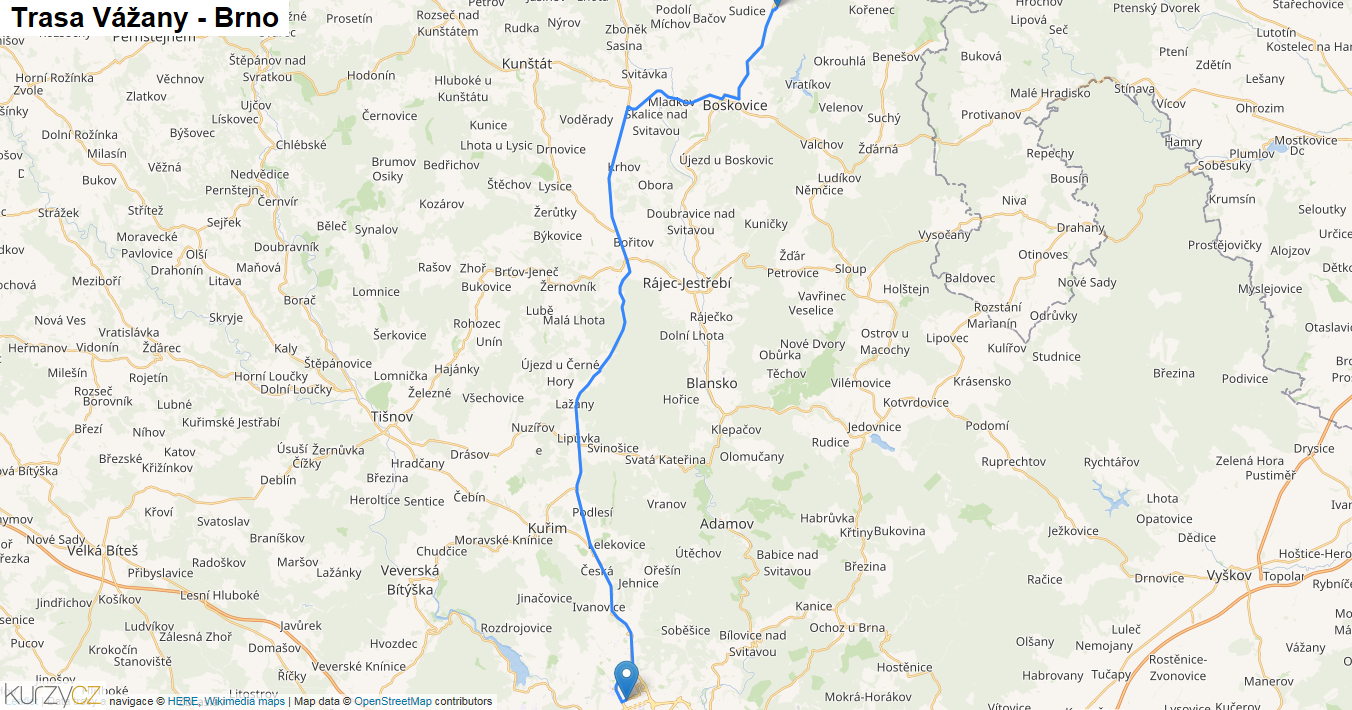 Vážany-Brno, mapa trasy