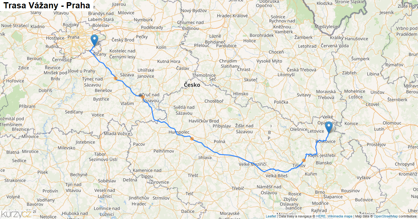 Vážany-Praha, mapa trasy