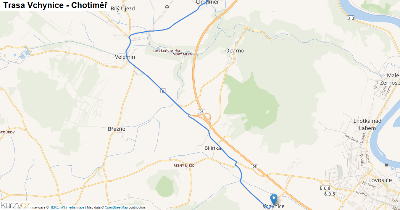 Vchynice-Chotiměř, mapa trasy