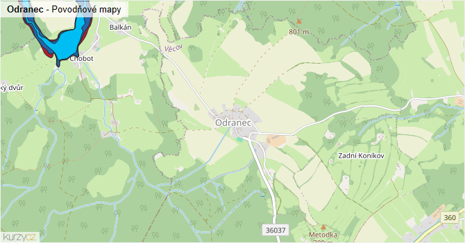 Odranec - záplavové mapy stoleté vody