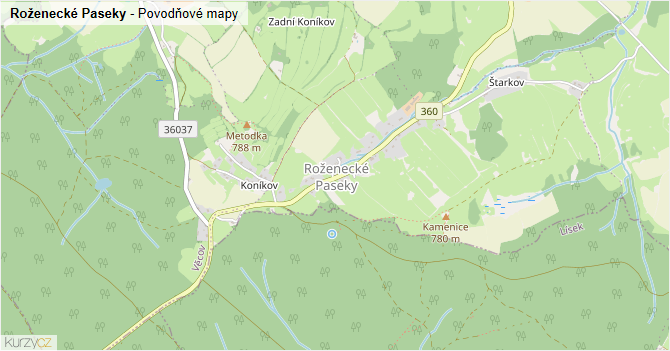 Roženecké Paseky - záplavové mapy stoleté vody