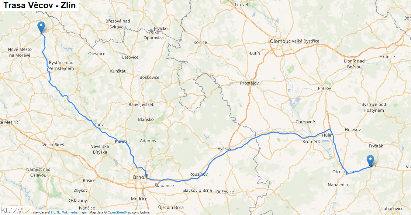 Věcov-Zlín, mapa trasy