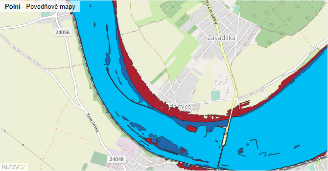 Polní - záplavové mapy stoleté vody