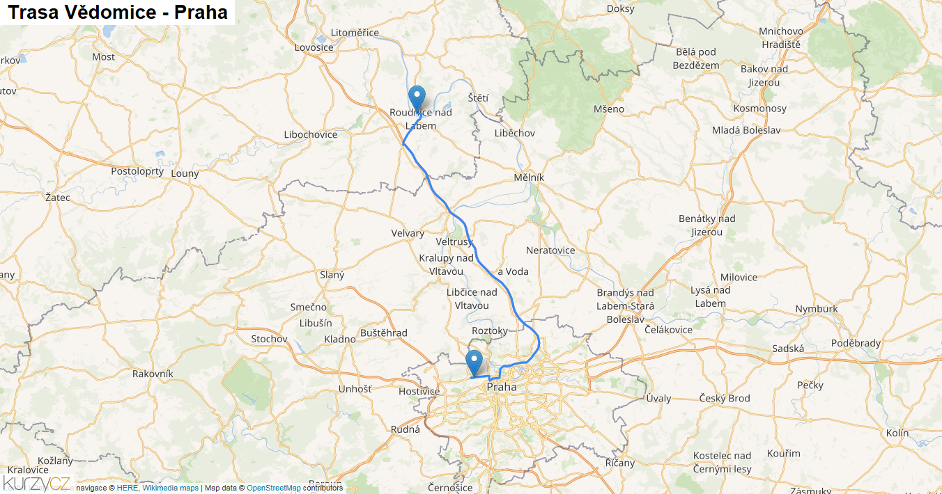 Vědomice-Praha, mapa trasy